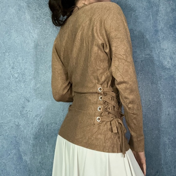 INC International Concepts Tan Long Sleeve Top with Lace Up Sides - Picture 3 of 4